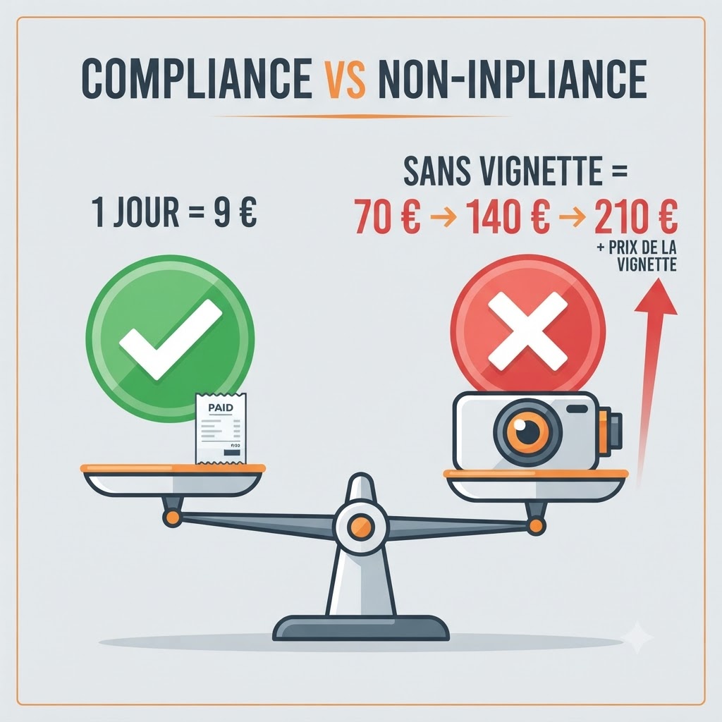 Amende vignette Belgique : 70 à 210 € sans vignette contre 9 € la journée, contrôle par caméras ANPR.