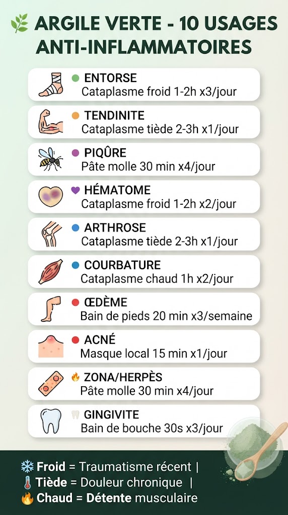 Infographie présentant les 10 usages anti-inflammatoires de l'argile verte pour entorse, tendinite, piqûre, hématome, arthrose, courbature, œdème, acné, zona et gingivite avec températures recommandées