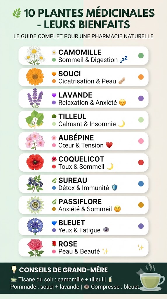 Infographie présentant les 10 bienfaits des plantes médicinales : camomille (sommeil), souci (cicatrisation), lavande (relaxation), tilleul (calmant), aubépine (cœur), coquelicot (toux), sureau (immunité), passiflore (anxiété), bleuet (yeux), rose (peau)