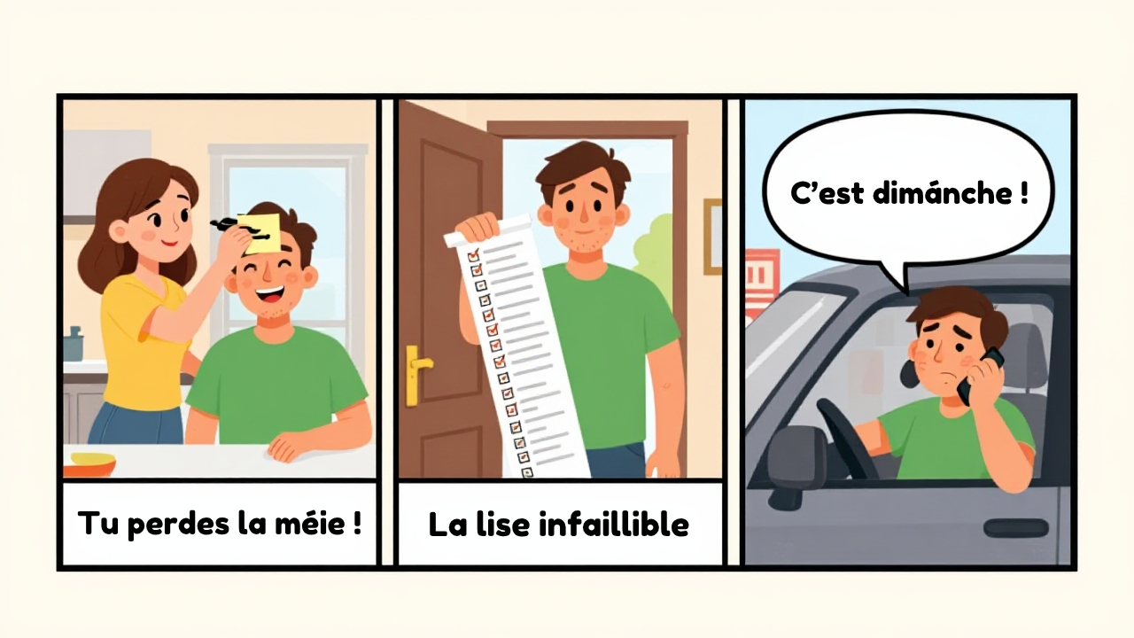 Infographie en 3 étapes de la blague du mari qui oublie que c'est dimanche à cause de sa liste