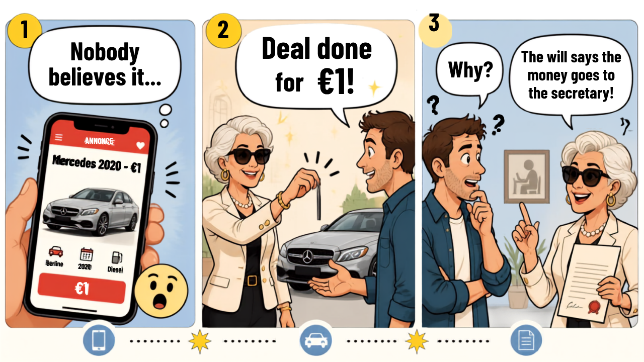 Infographie en 3 étapes de la blague de la Mercedes vendue 1 euro à cause d'un testament vengeur