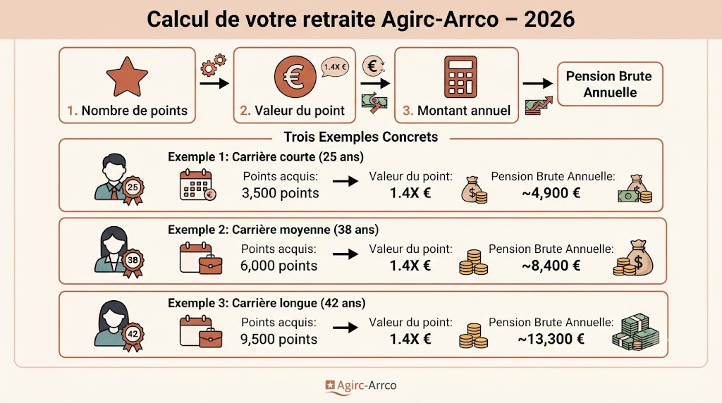 Infographie expliquant le calcul de la retraite Agirc-Arrco avec des exemples concrets pour différents profils de carrière