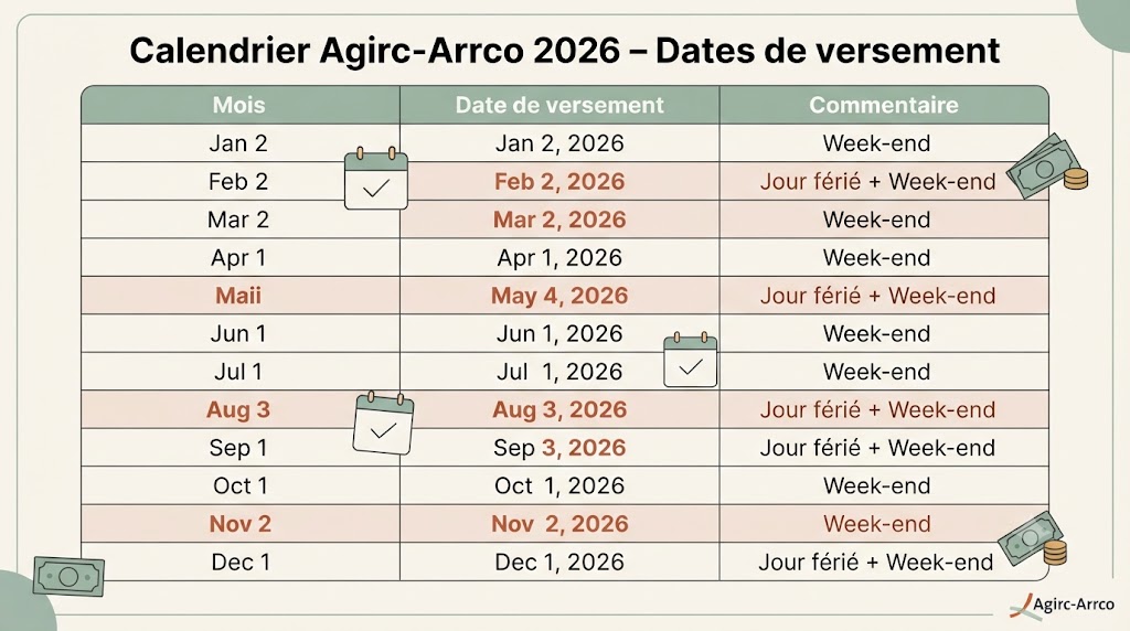 Infographie du calendrier des versements de la retraite complémentaire Agirc-Arrco pour 2026, mois par mois