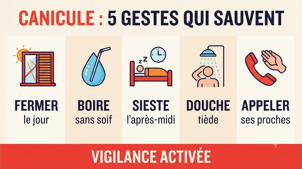 Infographie 5 gestes essentiels pour protéger les personnes âgées pendant la canicule : fermer, boire, sieste, douche, appeler