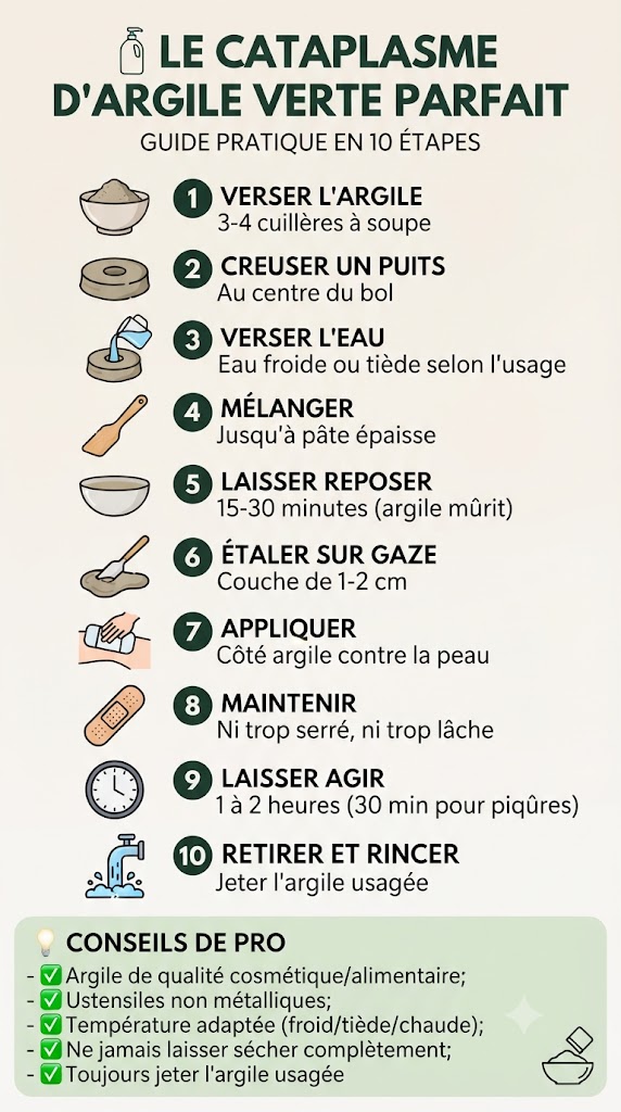 Infographie illustrant les 10 étapes pour préparer un cataplasme d'argile verte parfait : verser, creuser, ajouter l'eau, mélanger, reposer, étaler, appliquer, maintenir, agir, rincer