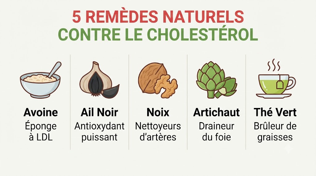 Infographie 5 remèdes naturels pour baisser le cholestérol : avoine, ail noir, noix, artichaut et thé vert