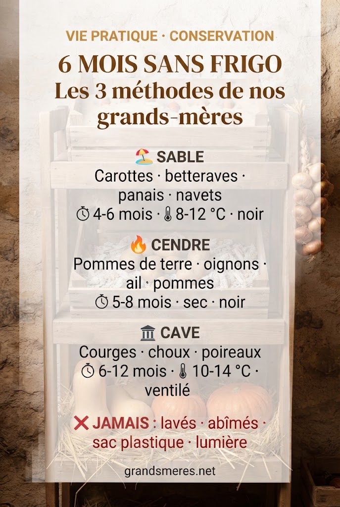 Infographie récapitulative des 3 méthodes de conservation des légumes d'hiver sans frigo : sable pour carottes, cendre pour pommes de terre, cave pour courges.