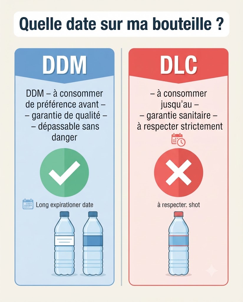 Différence DDM et DLC : la bouteille d'eau porte une DDM, garantie de qualité sans risque sanitaire.