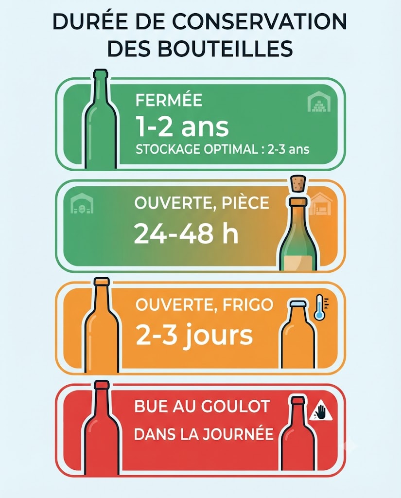 Durées de conservation eau en bouteille : fermée 1-2 ans, ouverte 24-48 h, au frigo 2-3 jours.