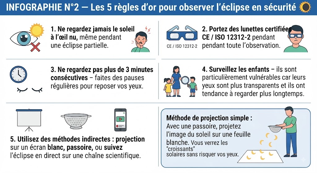 Infographie éducative listant les 5 règles d'or pour observer une éclipse solaire en sécurité : 1. Ne jamais regarder le soleil à l'œil nu, 2. Porter des lunettes certifiées CE / ISO 12312-2, 3. Ne pas regarder plus de 3 minutes consécutives, 4. Surveiller les enfants (yeux plus vulnérables), 5. Utiliser des méthodes indirectes (projection avec passoire ou suivi en direct).