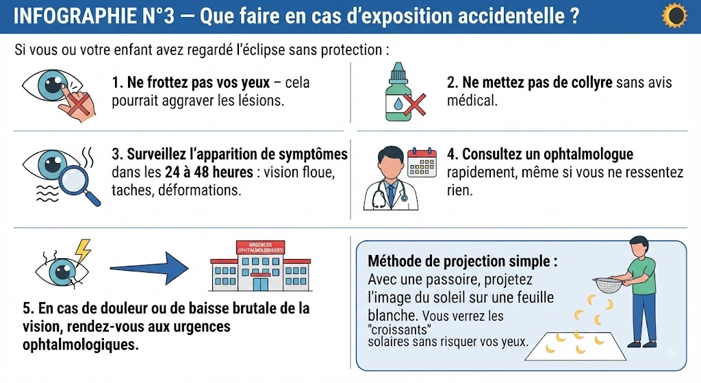 Infographie de premiers secours en cas d'exposition accidentelle à une éclipse solaire : 1. Ne pas frotter les yeux, 2. Ne pas mettre de collyre sans avis médical, 3. Surveiller l'apparition de symptômes dans les 24-48 heures (vision floue, taches, déformations), 4. Consulter un ophtalmologue même sans symptômes, 5. En cas de douleur ou de baisse brutale de la vision, se rendre aux urgences ophtalmologiques. Rappel : les lésions sont indolores au moment de l'exposition.