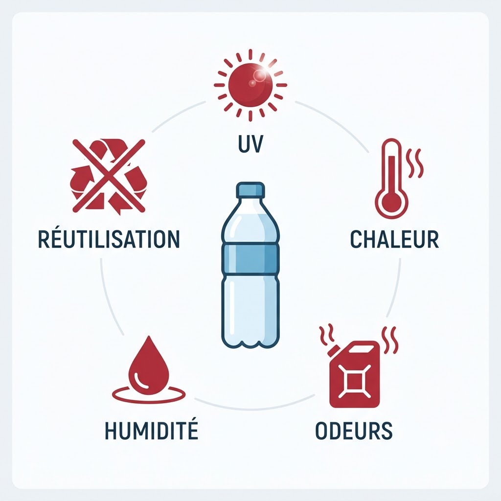 5 ennemis de la conservation eau en bouteille : soleil, chaleur, odeurs, humidité, réutilisation.