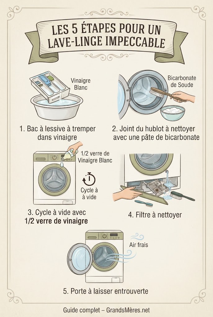 Infographie éducative présentant les 5 étapes pour nettoyer son lave-linge : 1. Nettoyer le bac à lessive au vinaigre, 2. Nettoyer le joint du hublot avec une pâte de bicarbonate, 3. Lancer un cycle à vide avec 1/2 verre de vinaigre, 4. Nettoyer le filtre de la pompe, 5. Laisser la porte entrouverte après chaque lavage – guide complet d'entretien du lave-linge