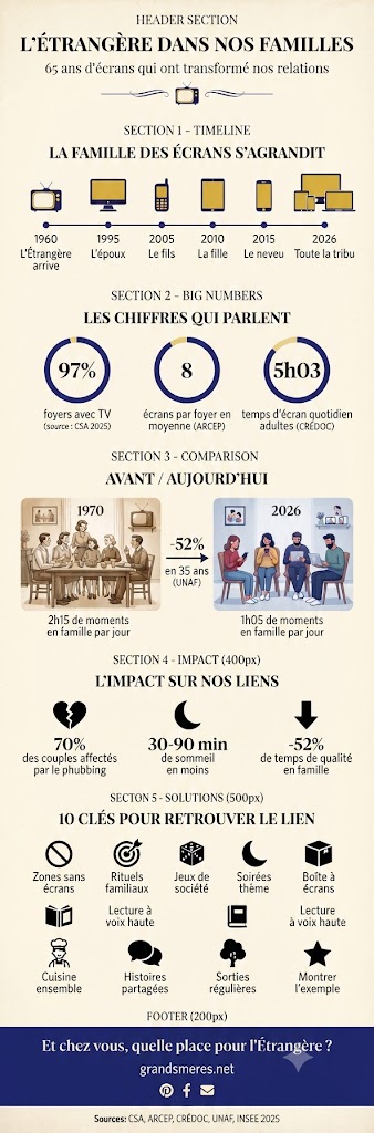 Infographie évolution des écrans en famille : TV (1960) à smartphone (2026), chiffres clés CSA ARCEP CRÉDOC et 10 astuces pour retrouver le lien familial
