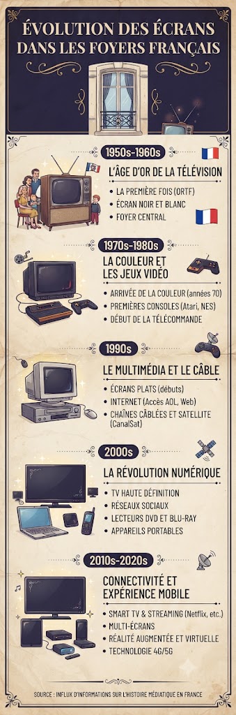 Infographie évolution des écrans en famille : TV (1960) à smartphone (2026), chiffres clés CSA ARCEP CRÉDOC et 10 astuces pour retrouver le lien familial
