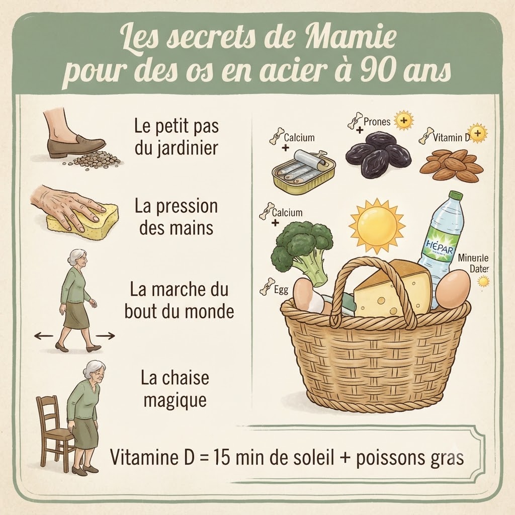 Infographie des secrets de grand-mère pour des os solides : 4 exercices d'équilibre (petit pas du jardinier, pression des mains, marche du bout du monde, chaise magique) et 7 aliments riches en calcium et vitamine D (sardines, pruneaux, amandes, brocoli, eau minérale, fromage à pâte dure, œufs et exposition au soleil).