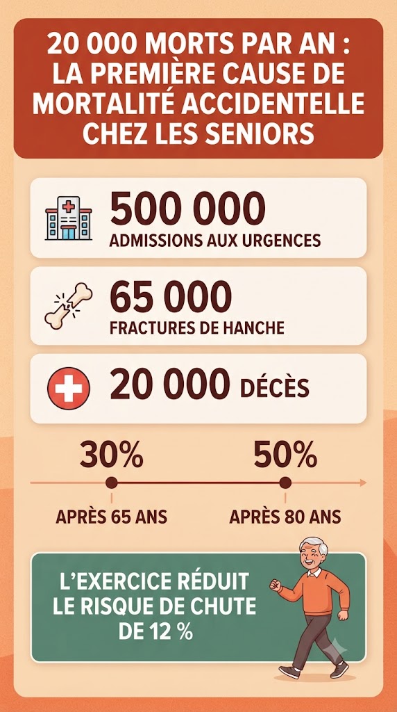 Infographie des secrets de grand-mère pour des os solides : 4 exercices d'équilibre (petit pas du jardinier, pression des mains, marche du bout du monde, chaise magique) et 7 aliments riches en calcium et vitamine D (sardines, pruneaux, amandes, brocoli, eau minérale, fromage à pâte dure, œufs et exposition au soleil).
