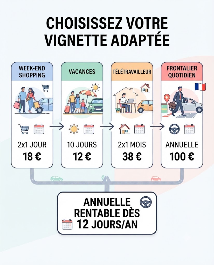 Choix formule vignette Belgique 2027 : journalière pour les passages, annuelle rentable dès 12 jours par an.