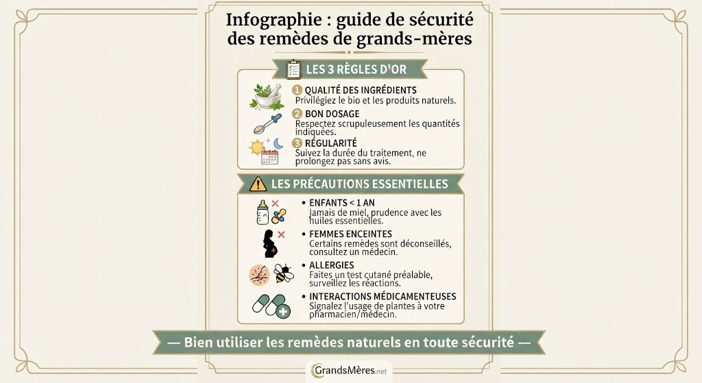 Infographie présentant les règles d'or des remèdes naturels : qualité des ingrédients, bon dosage, régularité, et les précautions essentielles (enfants de moins de 1 an, femmes enceintes, allergies) – guide des remèdes de grands-mères