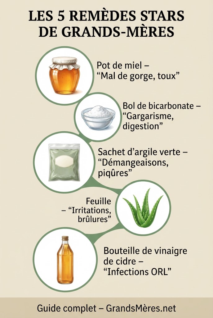 Infographie présentant les règles d'or des remèdes naturels : 1. Qualité des ingrédients (bio, non raffinés), 2. Bon dosage (respect des quantités), 3. Régularité (effets sur la durée). Précautions essentielles : enfants de moins de 1 an (pas de miel), femmes enceintes (pas d'huiles essentielles), allergies (tester sur petite zone), hypertension (bicarbonate avec prudence), symptômes persistants (consulter un médecin) – guide des remèdes de grands-mères