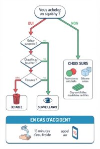 Infographie éducative en 5 étapes pour choisir un jouet anti-stress en sécurité : vérifier le packaging, l'odeur, la chaleur, privilégier les alternatives et les gestes d'urgence en cas d'explosion