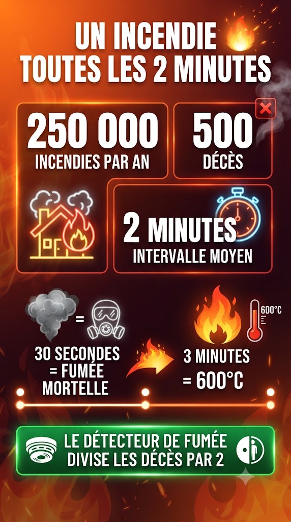 Infographie des chiffres clés des incendies domestiques en France : 250 000 incendies par an, 500 décès, un toutes les 2 minutes. Sources ministère de l'Intérieur.