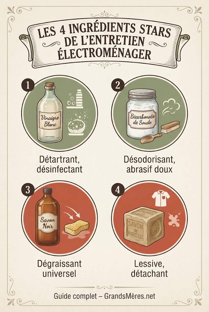 Infographie éducative présentant les 4 ingrédients stars pour l'entretien des appareils électroménagers : vinaigre blanc (détartrant, désinfectant), bicarbonate de soude (désodorisant, abrasif doux), savon noir (dégraissant universel) et savon de Marseille (lessive, détachant) – guide complet d'entretien électroménager