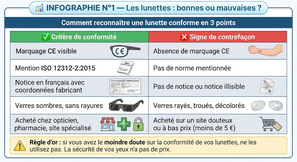 Infographie comparative en tableau : à gauche les critères des bonnes lunettes d'éclipse (marquage CE, norme ISO 12312-2, notice en français, verres sans rayures, achat en magasin spécialisé) et à droite les signes des mauvaises lunettes (absence de CE, pas de norme, notice illisible, verres abîmés, achat douteux). Règle d'or : en cas de doute, ne pas utiliser.
