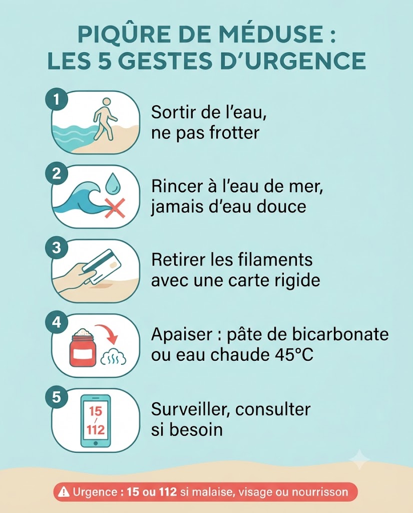 Infographie : les 5 gestes d'urgence en cas de piqûre de méduse (eau de mer, carte rigide, bicarbonate)