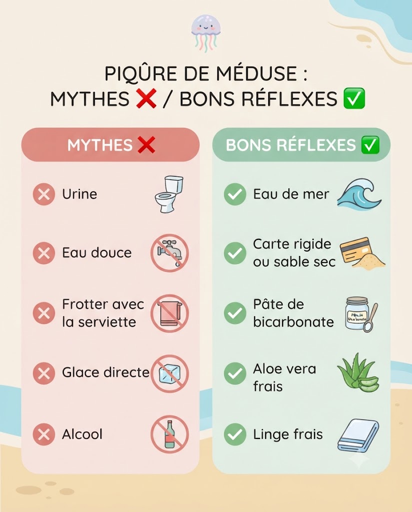 Infographie mythes et vérités de la piqûre de méduse : urine et eau douce à bannir, eau de mer et bicarbonate recommandés