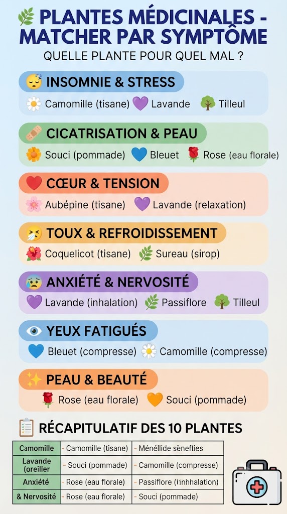 Infographie présentant les plantes médicinales recommandées par symptôme : insomnie (camomille, lavande, tilleul), cicatrisation (souci, bleuet, rose), cœur (aubépine), toux (coquelicot, sureau), anxiété (lavande, passiflore, tilleul)