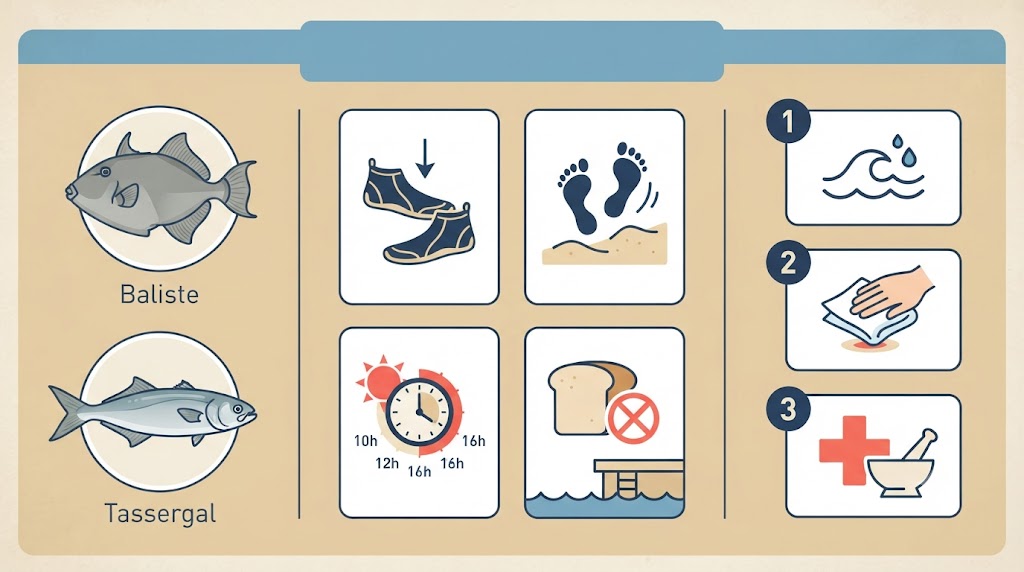 Infographie pratique : baliste gris et tassergal illustrés, 4 icônes de prévention (chaussons néoprène, pas du pingouin, horaires de baignade, zones à éviter) et 3 gestes de premiers secours (rincer à l'eau de mer, comprimer, désinfecter et consulter)