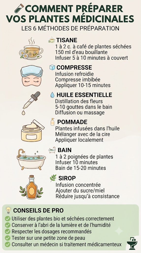 Infographie présentant les 6 méthodes de préparation des plantes médicinales : tisane, compresse, huile essentielle, pommade, bain et sirop
