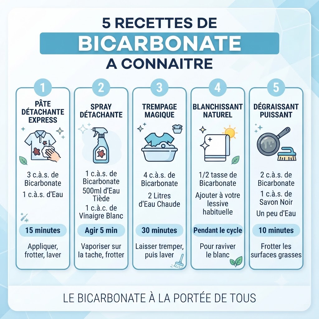 Infographie des 5 recettes de bicarbonate de soude : pâte détachante, spray, trempage, blanchissant et dégraissant