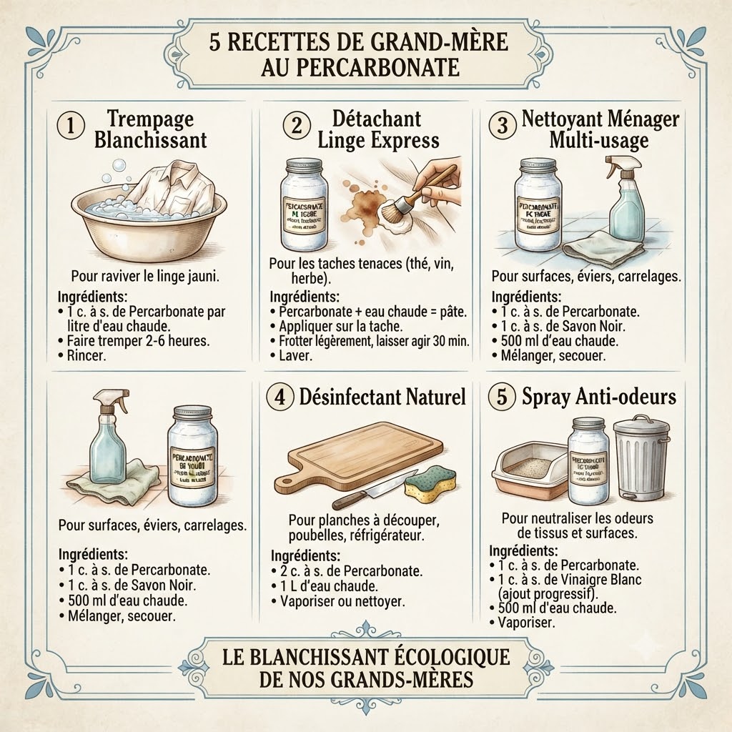 Infographie des 5 recettes de grand-mère à base de percarbonate de soude