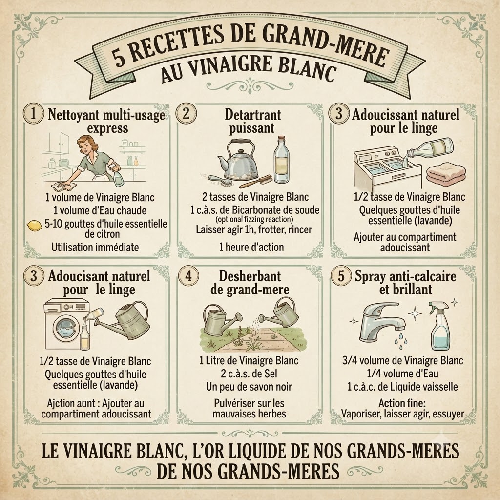 Infographie des 5 recettes de grand-mère à base de vinaigre blanc : nettoyant multi-usage, détartrant, adoucissant linge, désherbant et spray anti-calcaire