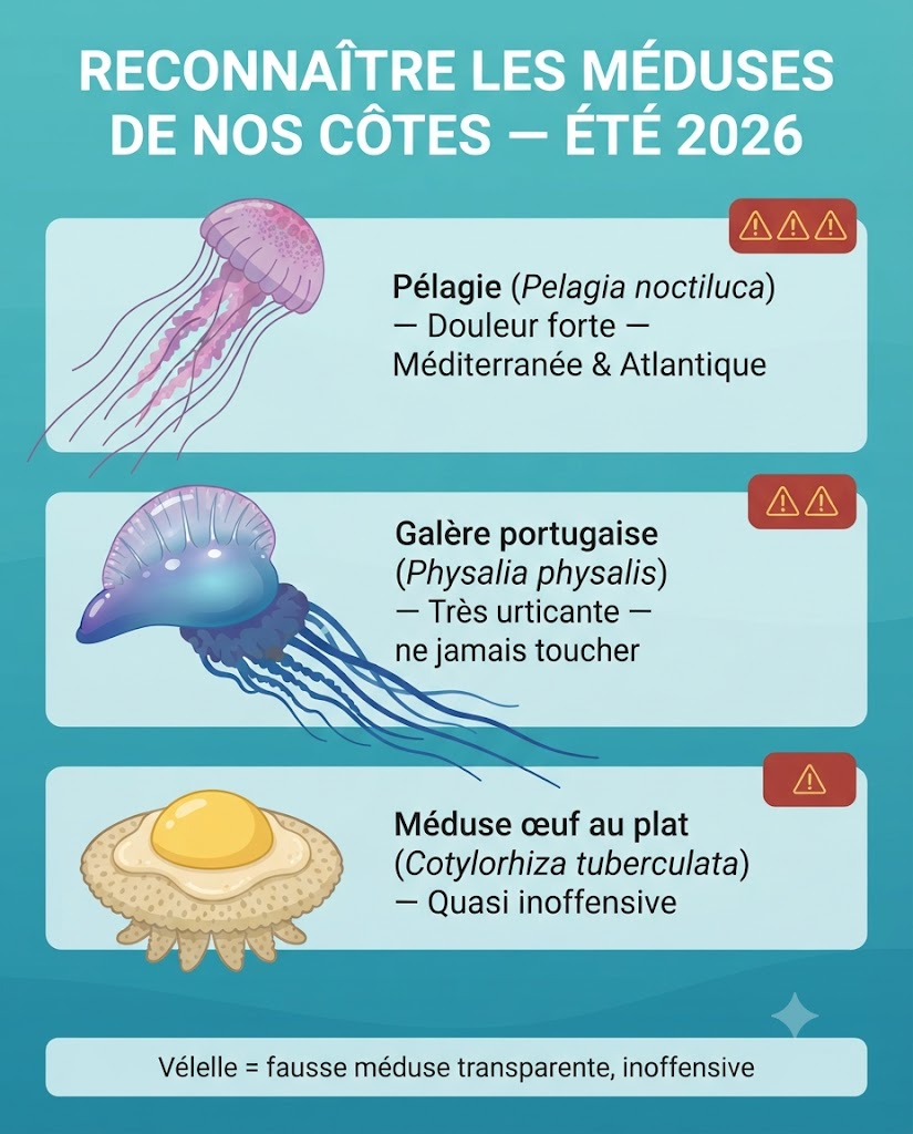 Infographie pour reconnaître les méduses de France en 2026 : pélagie, galère portugaise, méduse œuf au plat et vélelle