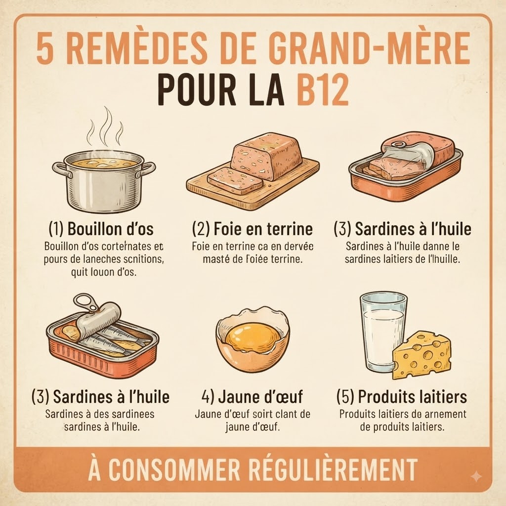 Affiche rétro illustrant 5 remèdes de grand-mère à consommer régulièrement pour faire le plein de vitamine B12.