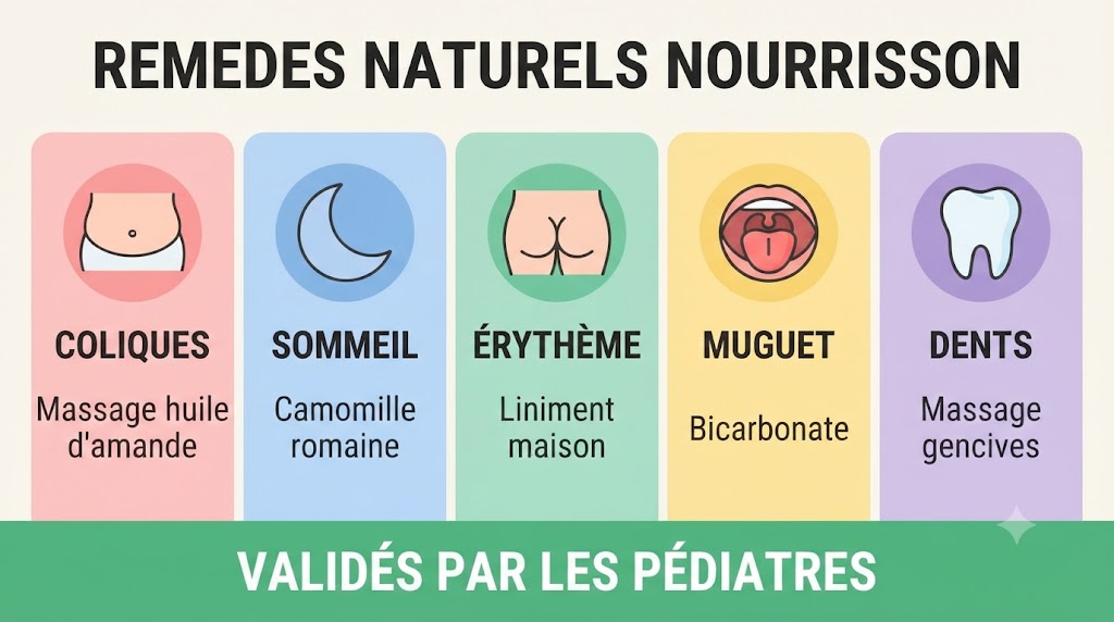 Infographie 5 remèdes naturels nourrisson : coliques, sommeil, érythème, muguet, poussées dentaires