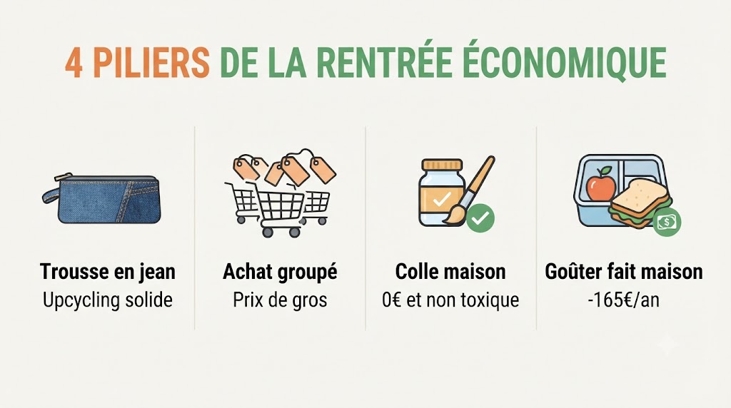Infographie 4 piliers pour économiser sur la rentrée scolaire : upcycling, achat groupé, colle maison et goûter fait maison