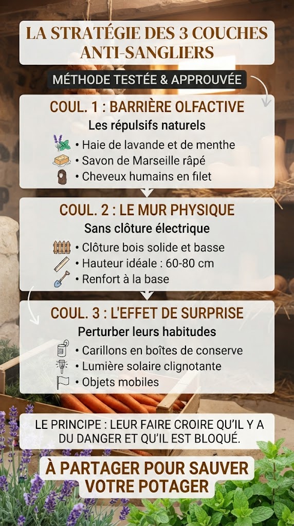 Infographie de la stratégie des 3 couches anti-sangliers : plantes répulsives, barrière olfactive savon et cheveux, bruit surprise. Sans clôture électrique.