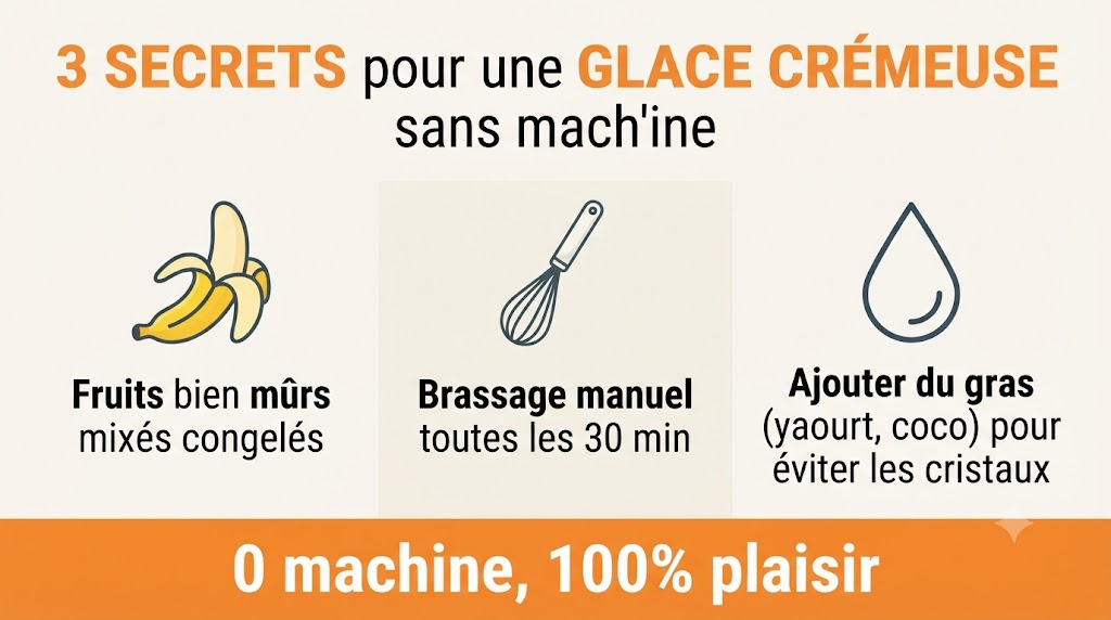 Infographie 3 secrets pour réussir une glace maison crémeuse sans sorbetière ni cristaux de glace