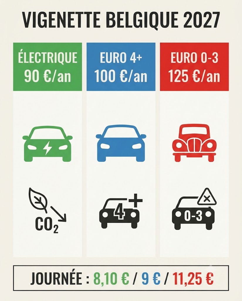 Tarifs vignette Belgique 2027 : 90 € électrique, 100 € Euro 4, 125 € véhicules anciens, journée dès 8,10 €.