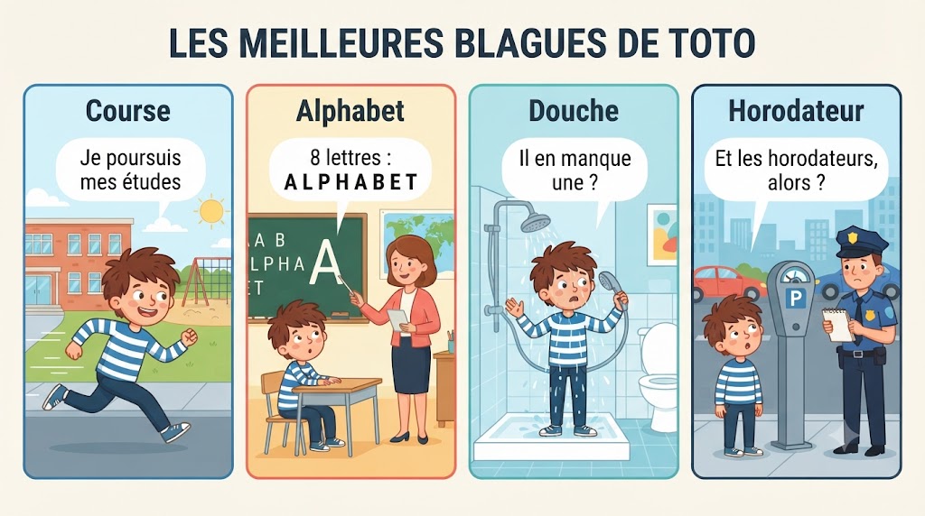 Infographie humoristique montrant 4 blagues cultes de Toto sur les jeux de mots : poursuite des études, alphabet, douche et horodateurs