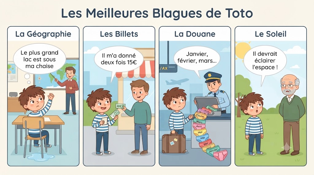 Infographie humoristique montrant 4 blagues cultes de Toto sur sa logique imparable : géographie, billets de 30€, douane et soleil