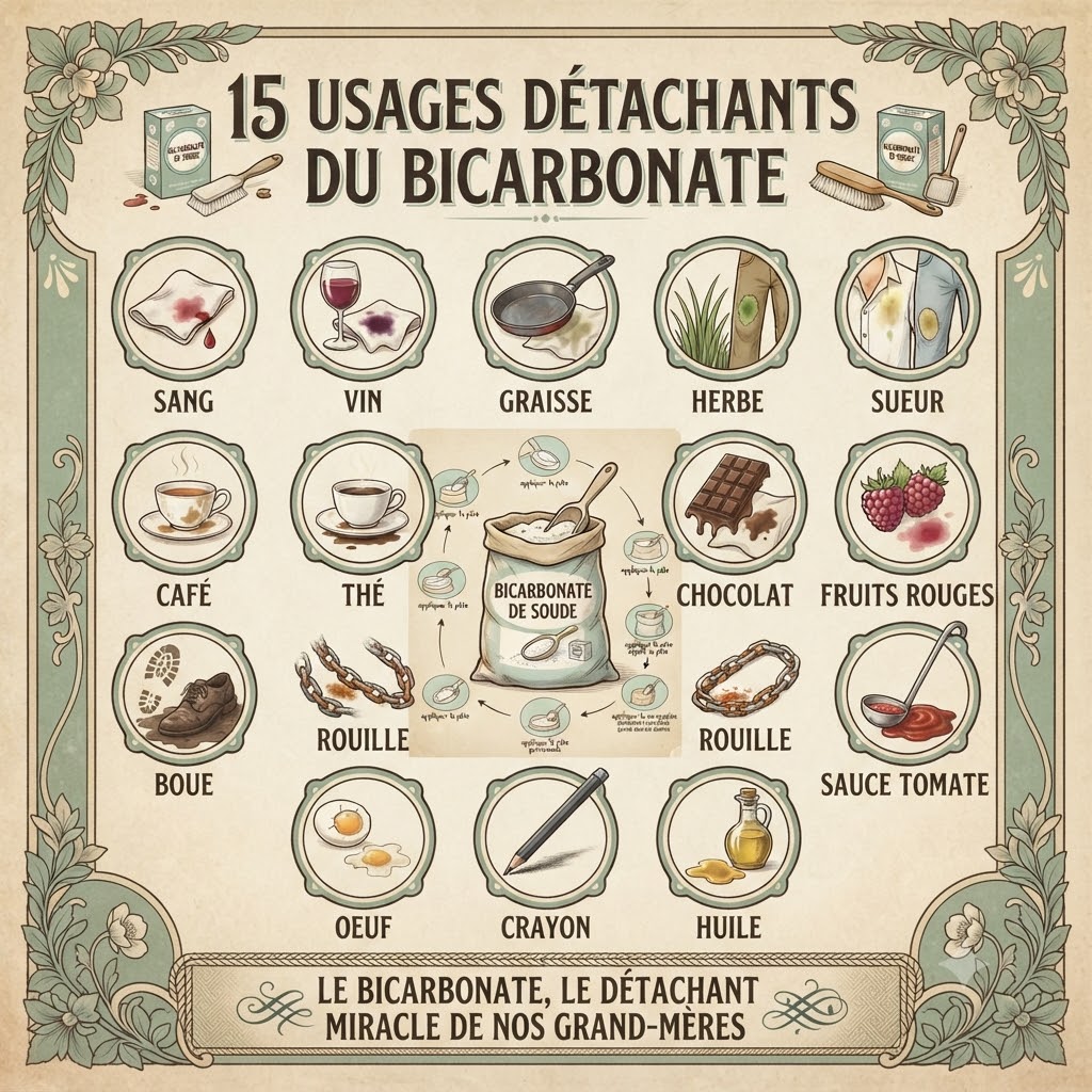 Infographie des 15 usages détachants du bicarbonate de soude : sang, vin, gras, herbe, transpiration, café, thé, chocolat, fruits rouges, boue, rouille, sauce tomate, œuf, crayon, huile