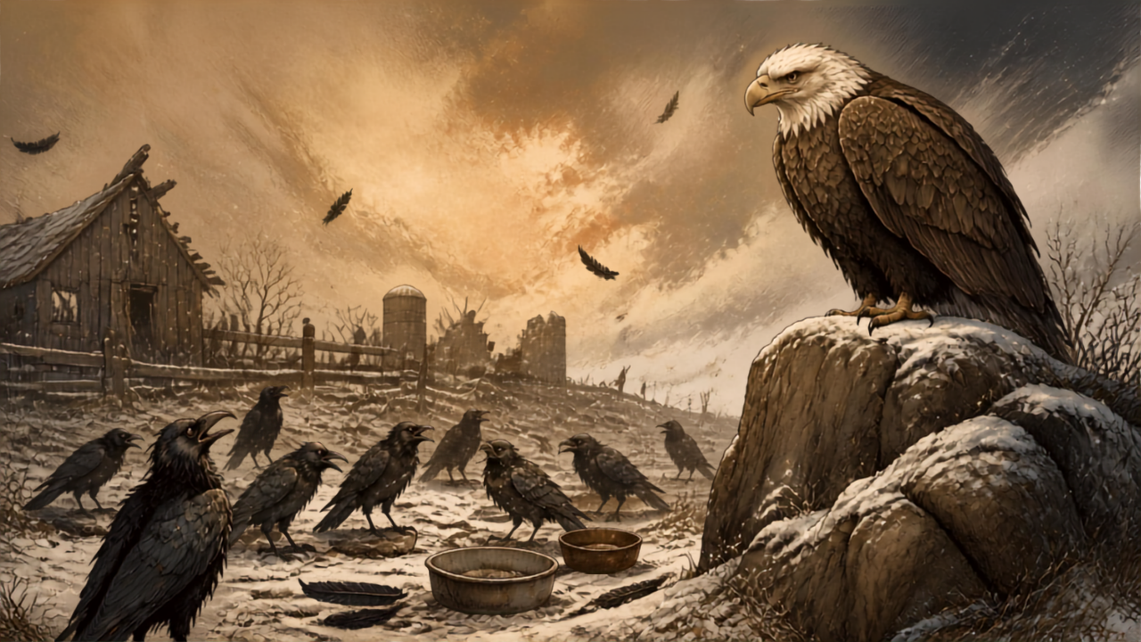 Un aigle perché sur une colline dominant une nuée de corbeaux déplumés dans une basse-cour en ruine, illustration de la fable l'aigle et les corbeaux.
