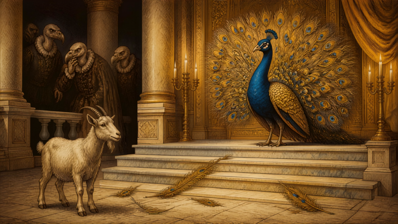 Un paon au plumage déployé sur les marches d'un palais doré, entouré de vautours en ombre, illustration de la fable le paon et le palais.