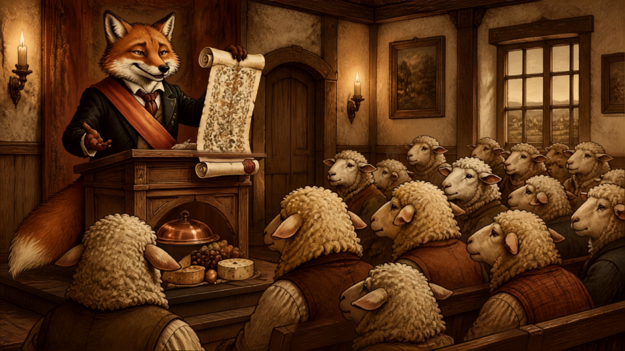 Un renard roux en costume d'élu au pupitre d'une salle de conseil municipal, illustration satirique de la fable le renard et le conseil municipal.