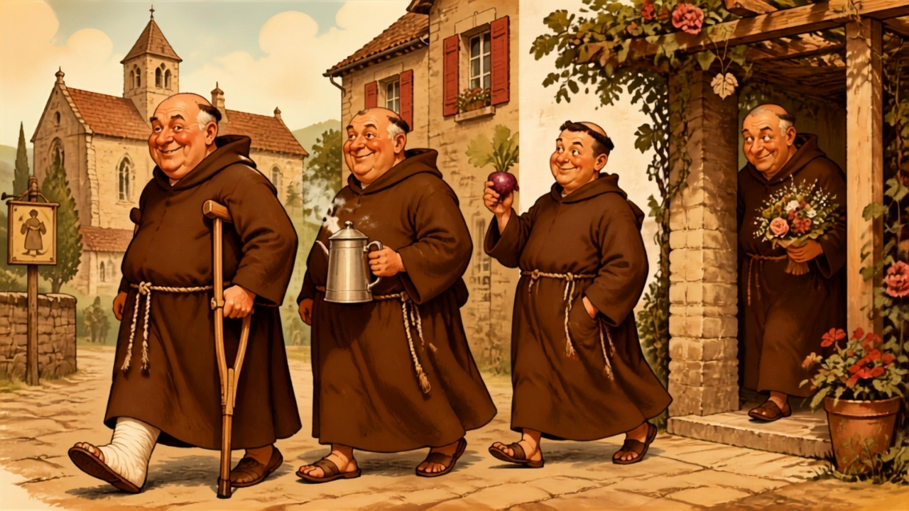 Lettre à la Révérende Mère : un cortège de moines souriants en illustration vintage, l'un portant une béquille, l'autre un percolateur, devant une abbaye nommée Icibas - les 45 calembours décryptés